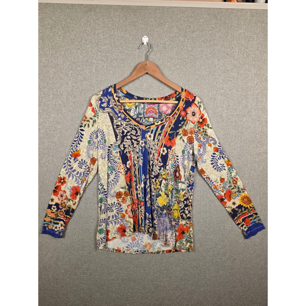 Johnny Was Mixed Floral Paisley V-Neck Top‎ Bamboo Viscose Blue Orange Womens M